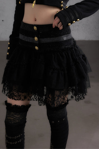 Lace Patchwork Pleated Multi-Layered Puffy Skirt
