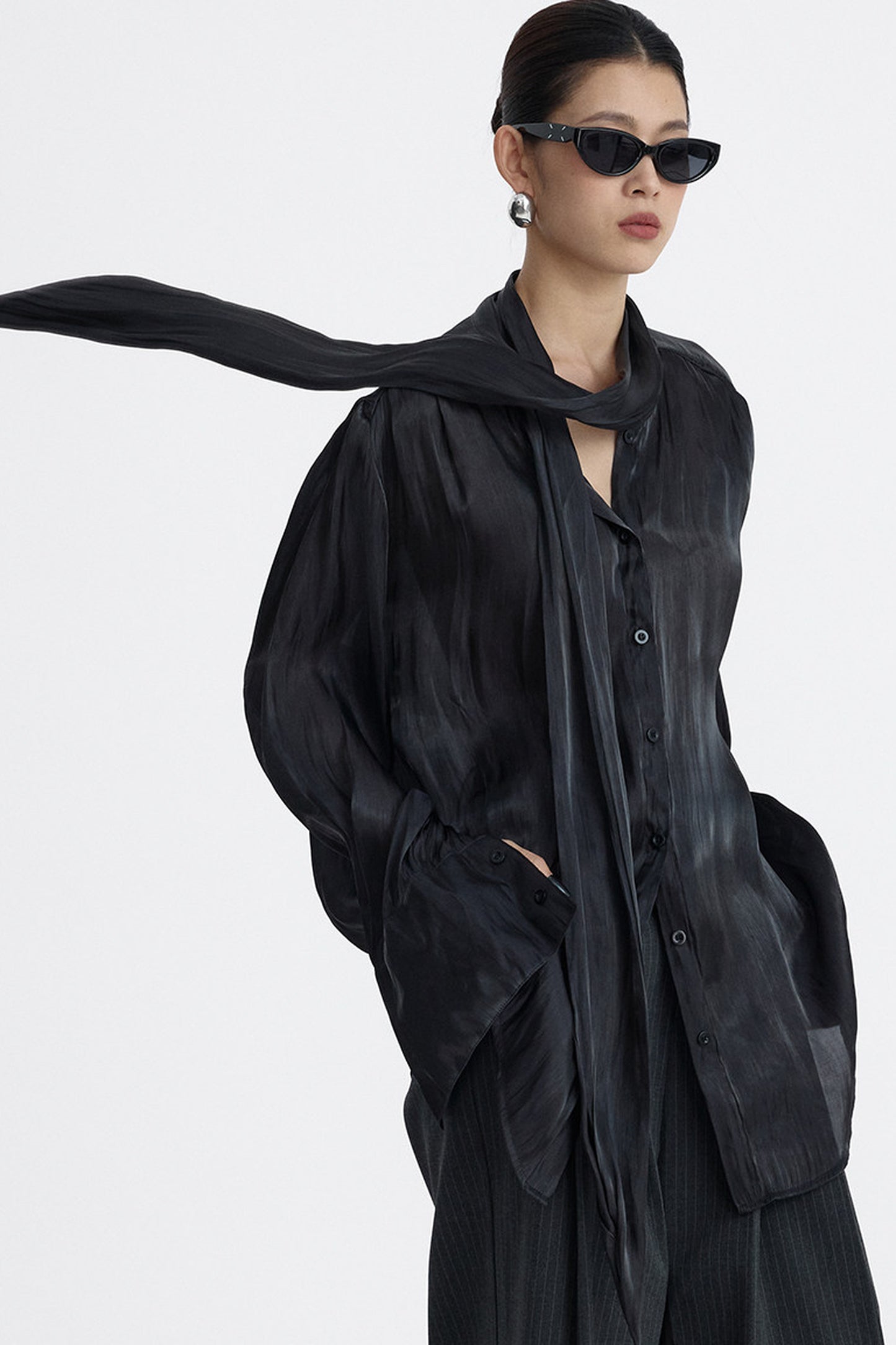 Pleated Tie Neck Shirt