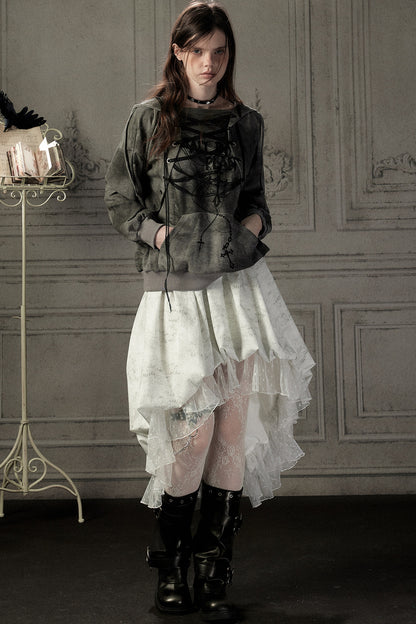 Distressed Drawstring Cross Print Hooded Pullover Sweatshirt