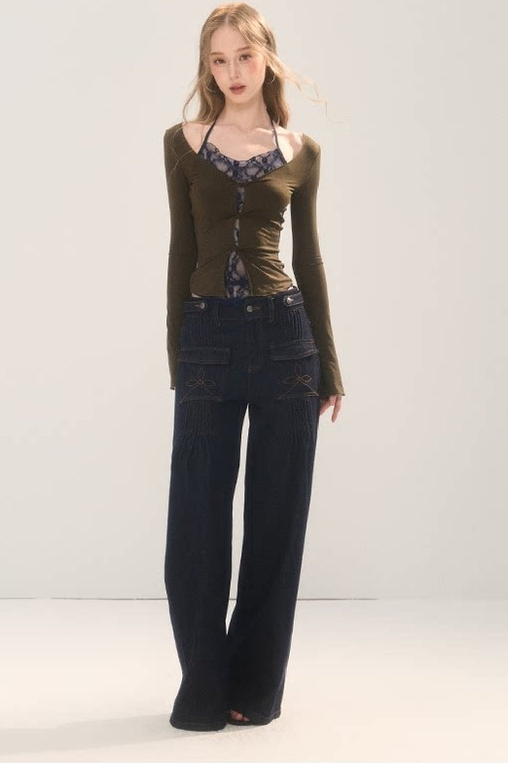 Sheer Lace Spliced Long Sleeve T-Shirt