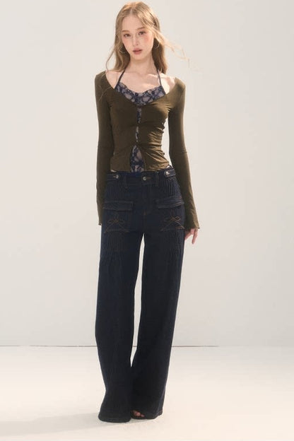 Sheer Lace Spliced Long Sleeve T-Shirt