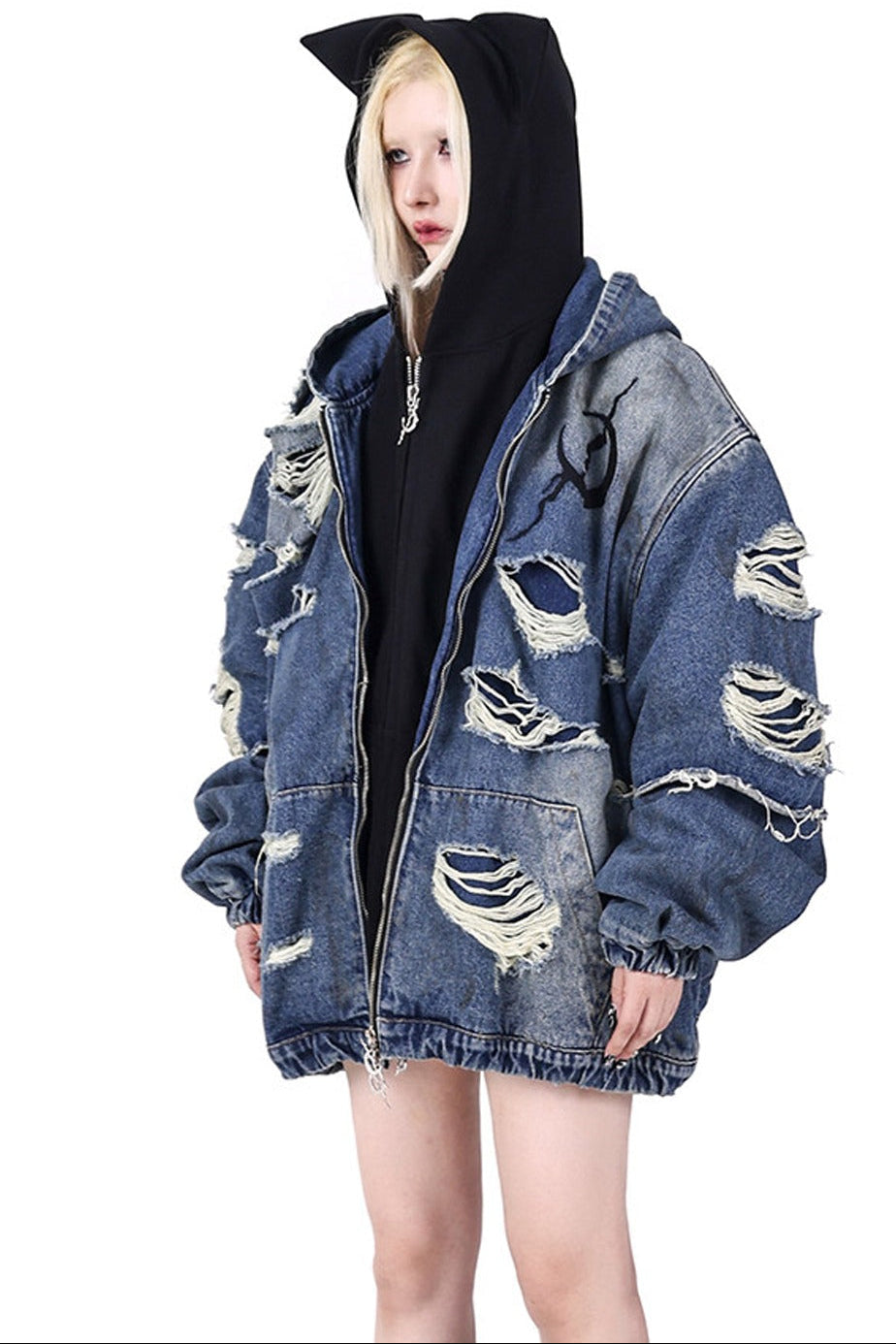 Cat Ear Double Zipper Hooded Jacket