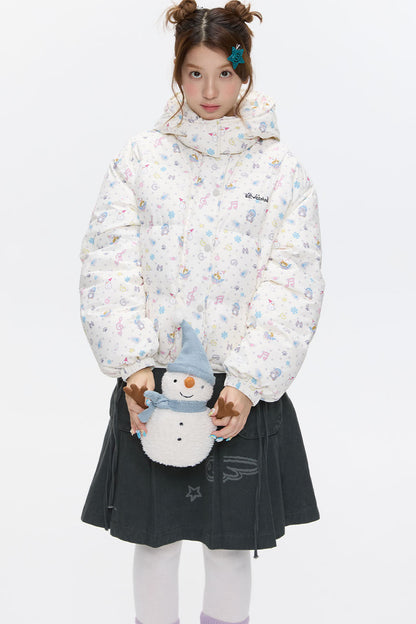 Beige Full Print Hooded Down Jacket