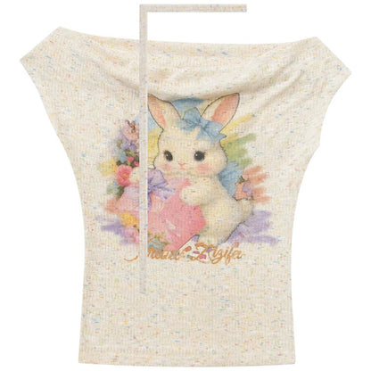 Rainbow Rabbit Knitted Off-Shoulder T-Shirt