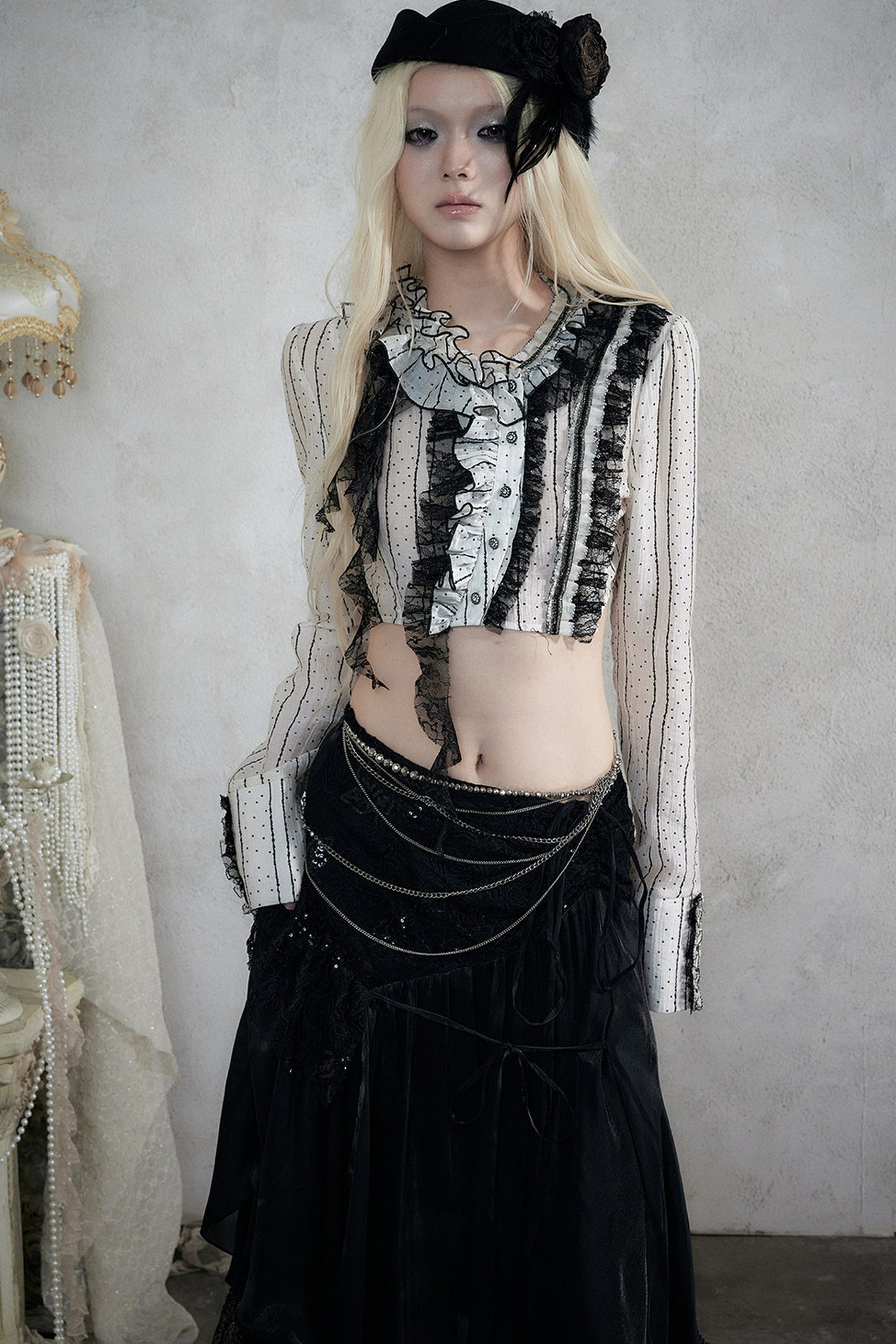 Asymmetric Polka Dot Striped Lace Shirt