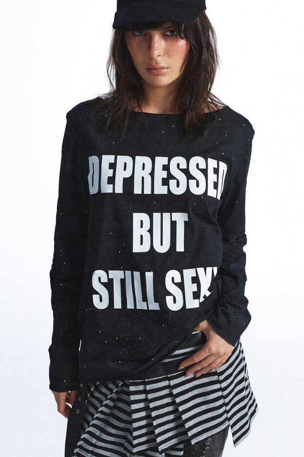 Distressed Rhinestone Letter Print Long-Sleeve T-Shirt