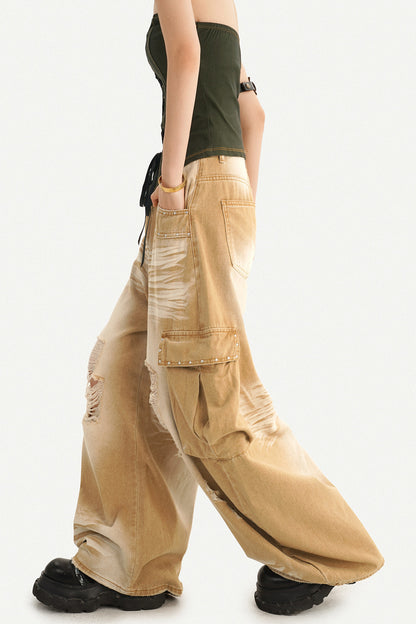 High-Waisted Ripped Workwear Jeans