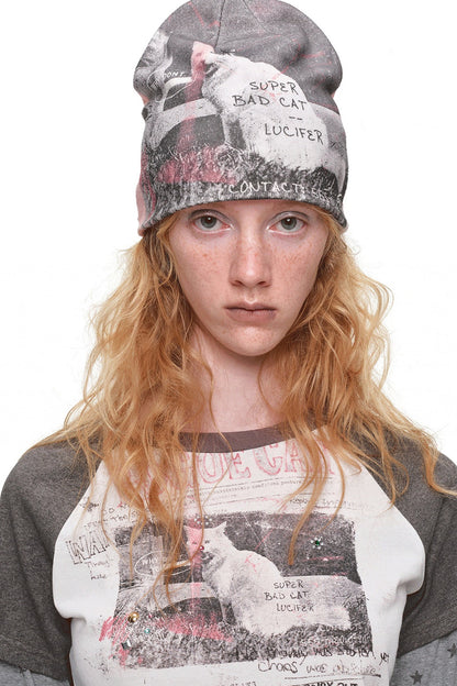 Cat Print Double-Sided Knitted Beanie Hat