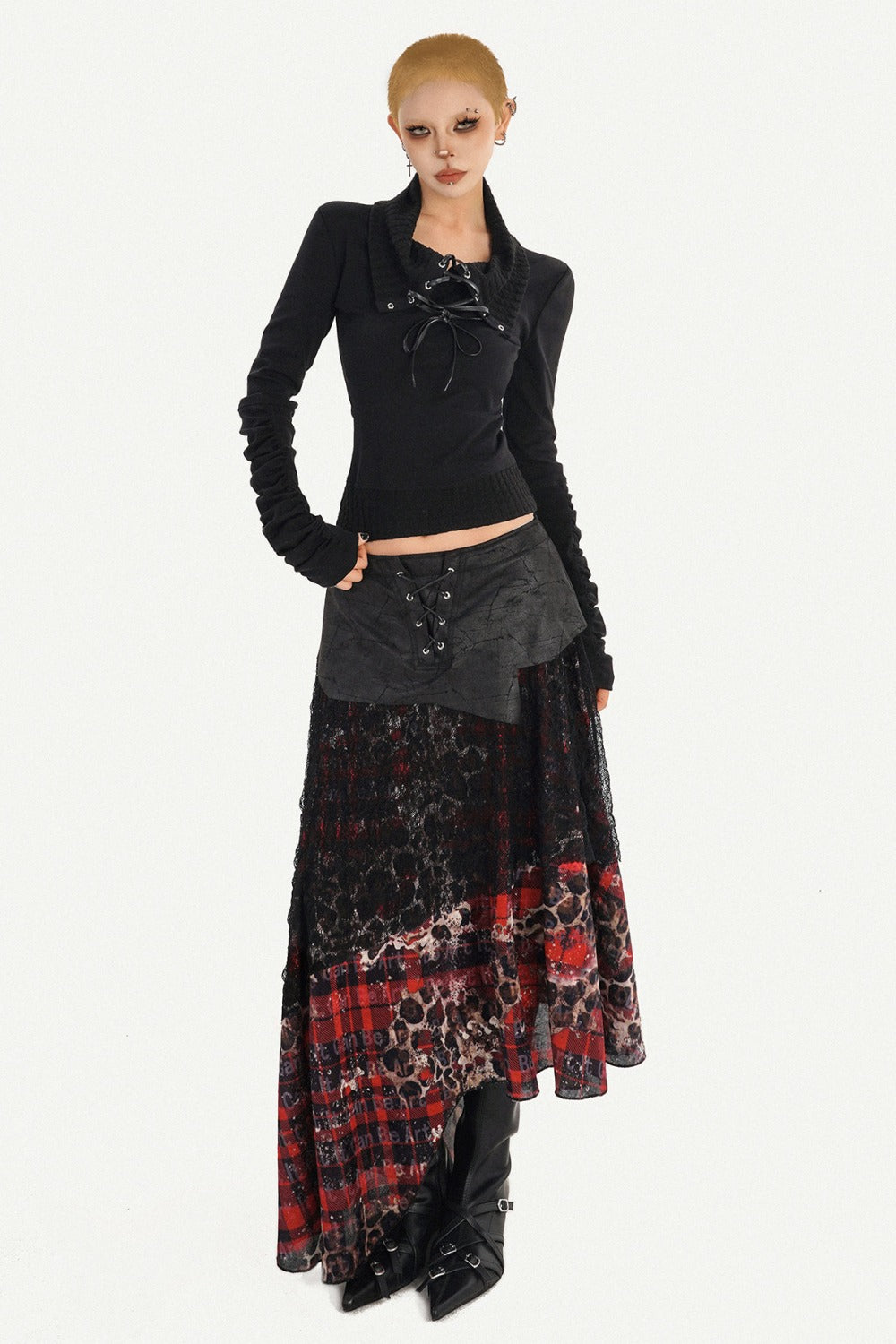 Dark Red Plaid Mesh Skirt and Top Set