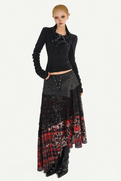 Dark Red Plaid Mesh Skirt and Top Set
