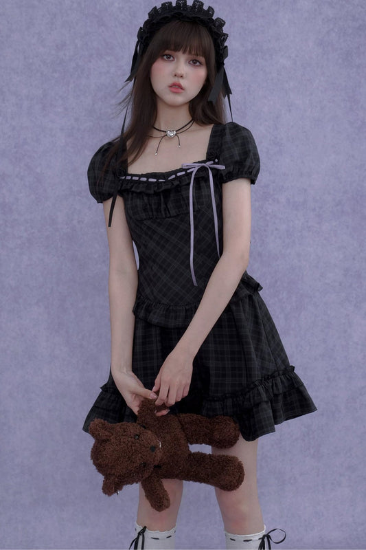 Rose Plaid Lolita Square Neck Dress