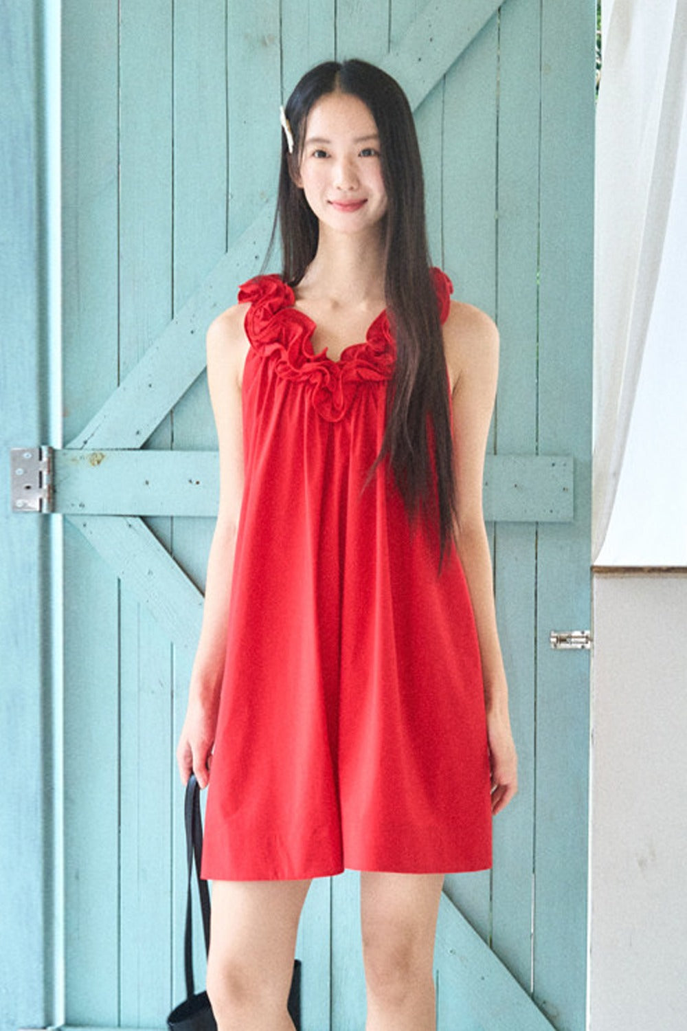 Red 3D Floral Ruffle V-Neck Tank Dress