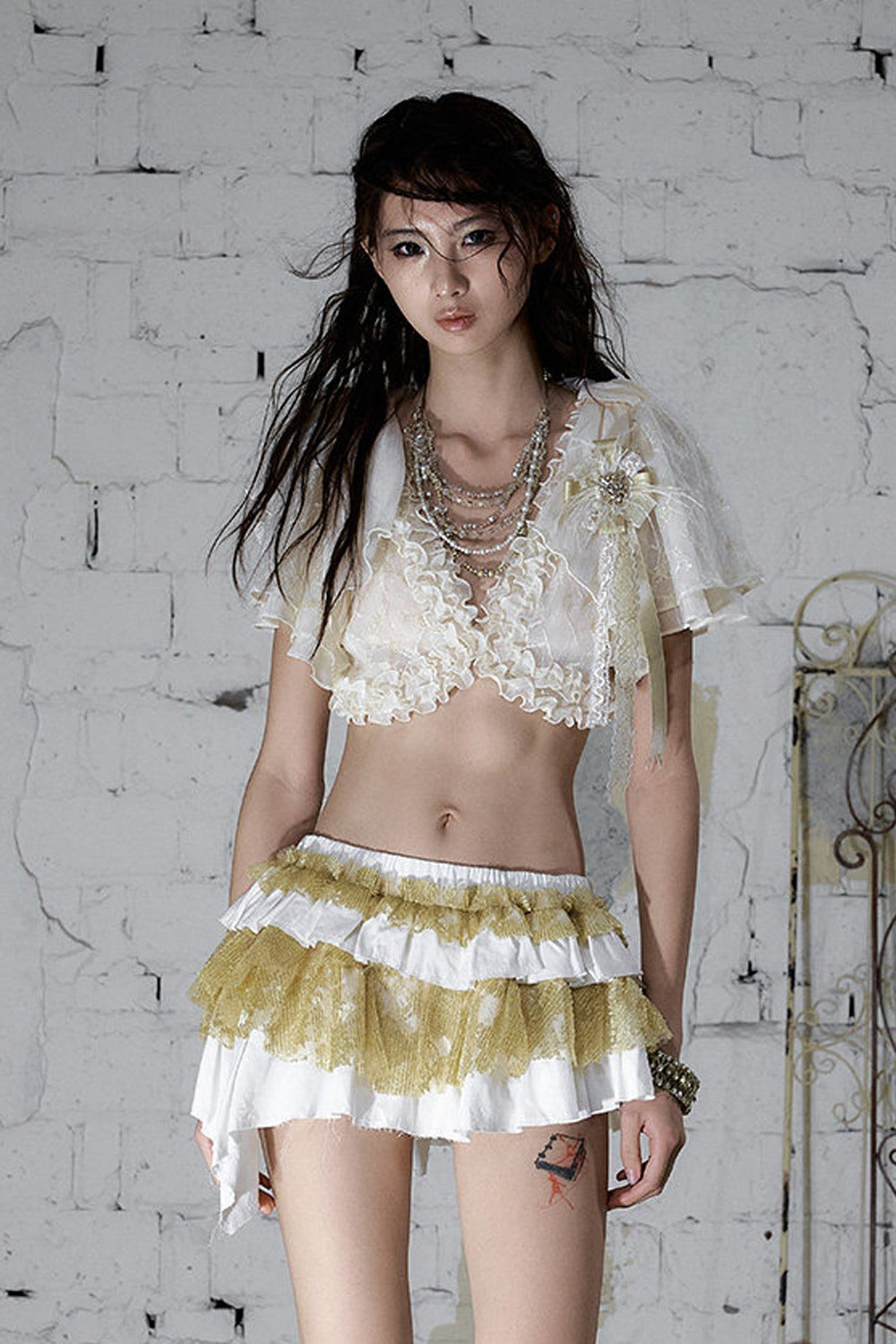 White Gold Tiered Ruffle Raw Edge Skirt