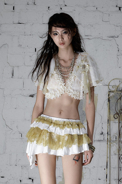 White Gold Tiered Ruffle Raw Edge Skirt