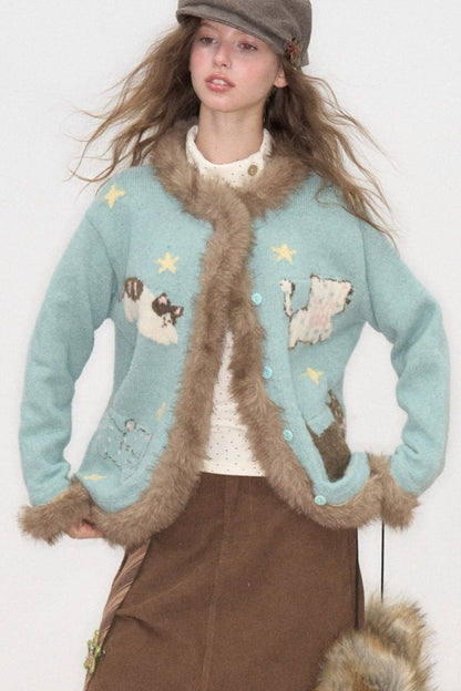 Cardigan à col en fausse fourrure avec motif de chat amusant