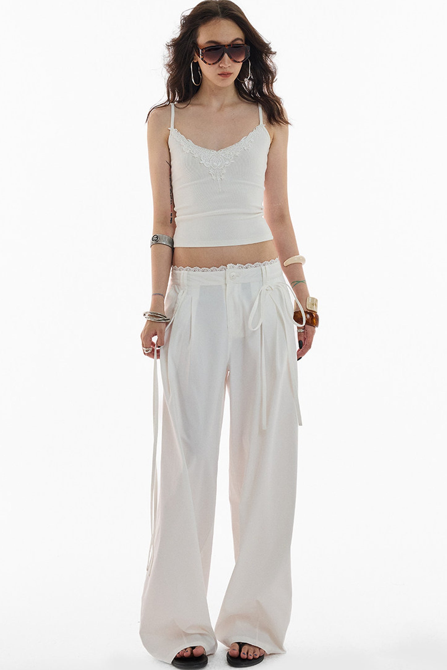 Lace Trim Pima Cotton Wide Leg Pants