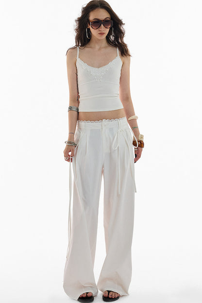Lace Trim Pima Cotton Wide Leg Pants