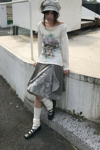 Reversible Swing Collar Long-Sleeve Printed T-Shirt