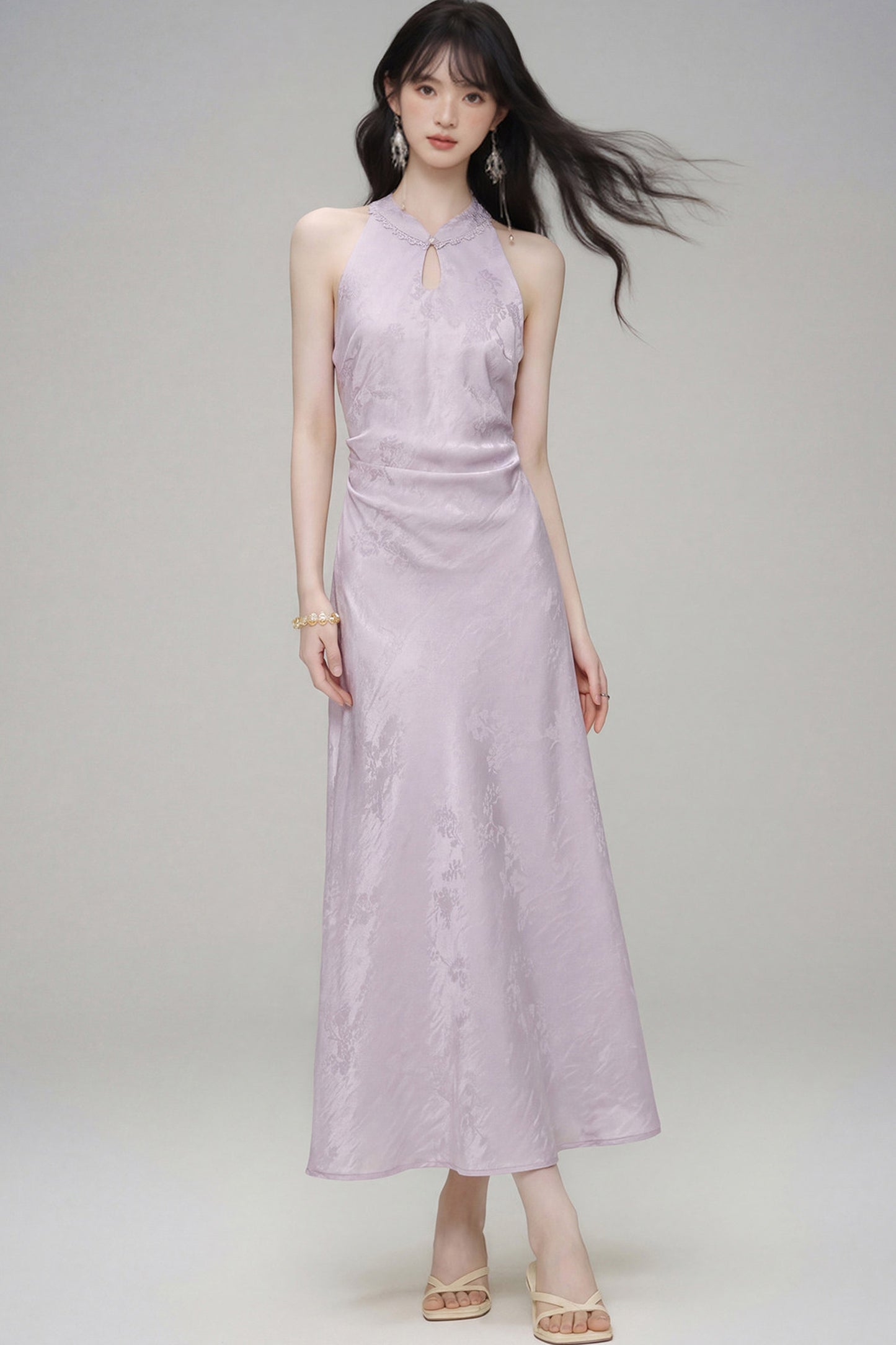 Halter-Neck Jacquard Cheongsam Dress
