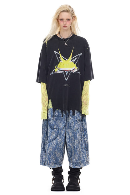 Rivet Structure Lace Denim Wide Leg Shorts