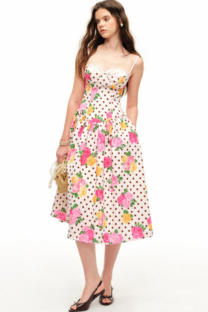 Polka Dot Rose Print Bra Dress Set-Up