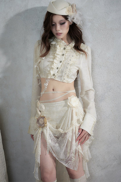 Asymmetric Polka Dot Striped Lace Shirt