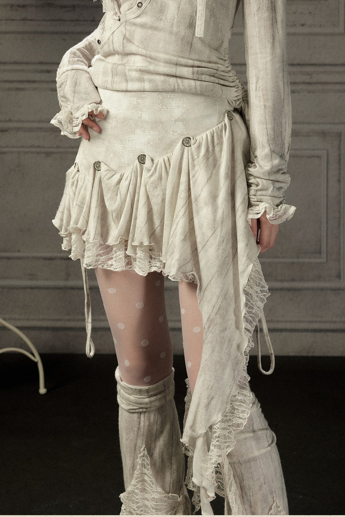 Asymmetrical Button Lace Train Skirt