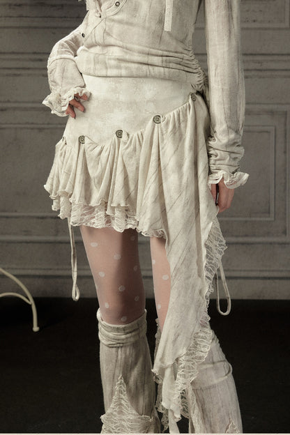 Asymmetrical Button Lace Train Skirt