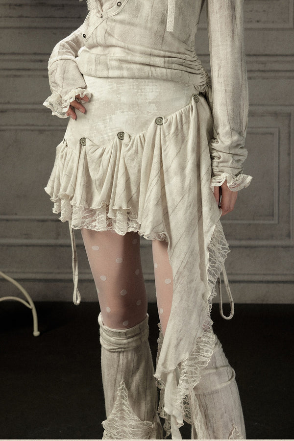 Asymmetrical Button Lace Train Skirt
