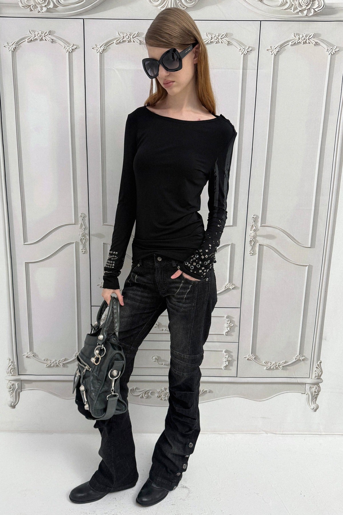 Light Punk Metal Rhinestone Distressed Long-Sleeve T-Shirt