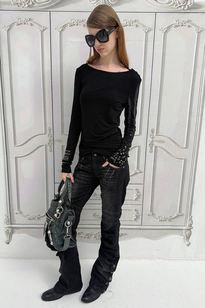 Light Punk Metal Rhinestone Distressed Long-Sleeve T-Shirt