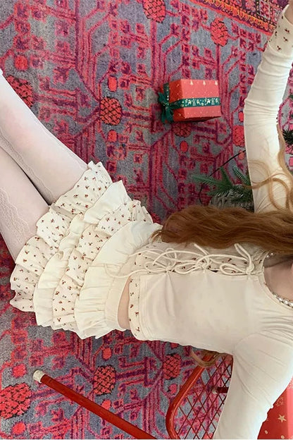 Floral Patchwork Knit Cardigan and Lace-Up Skirt Set-Up