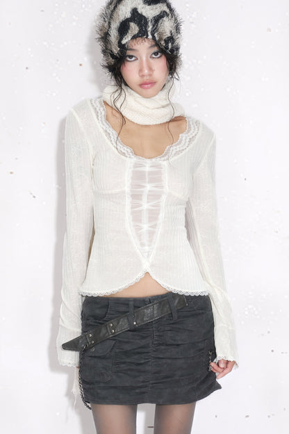 White Long-Sleeved Lace Knit Top