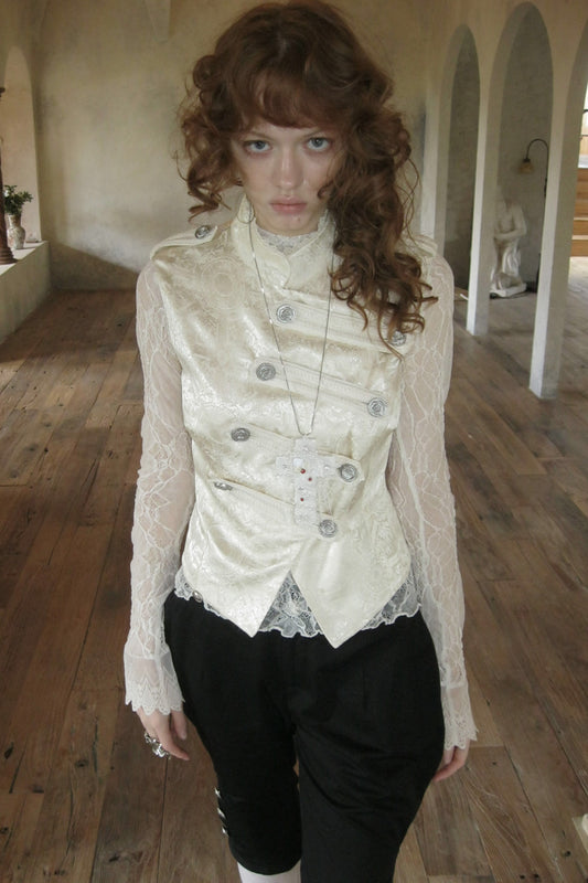Sleeveless Lace Trim Double-Breasted Vest