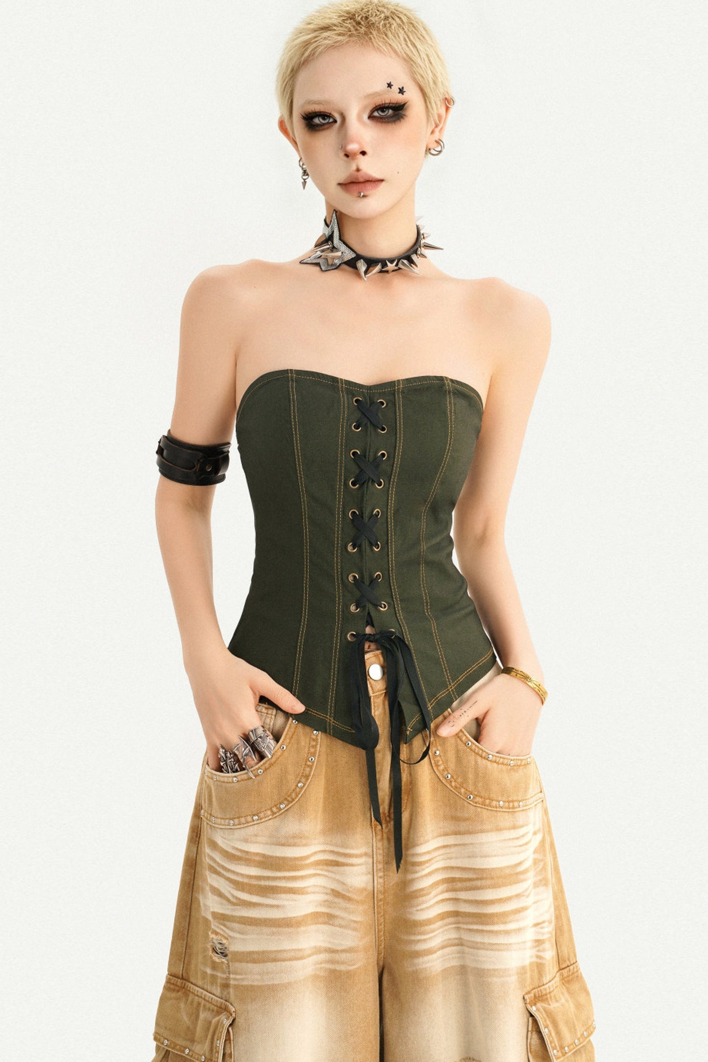 Haut tube corset vert foncé à lacets