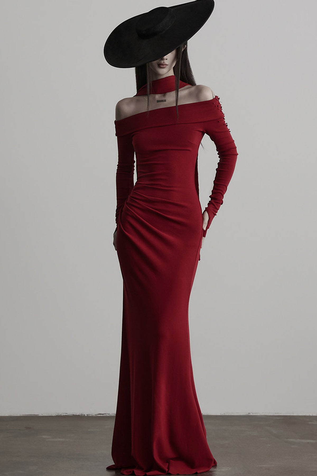 French Off-Shoulder Knitted Long-Sleeve Dress