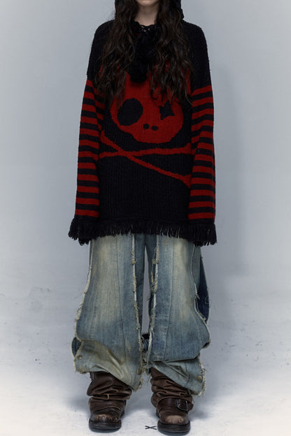 Skull Rabbit Hooded Knit Blouse