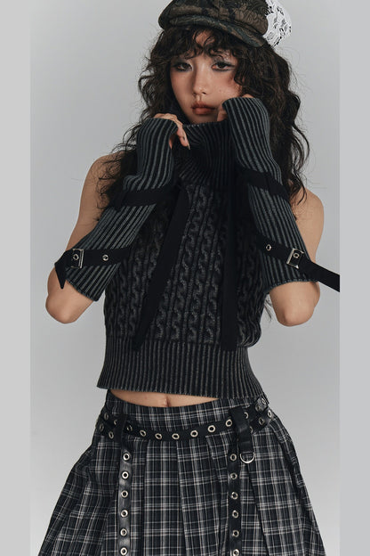 Short Backless Slim-Fit Knit Top with Tie Sleeves