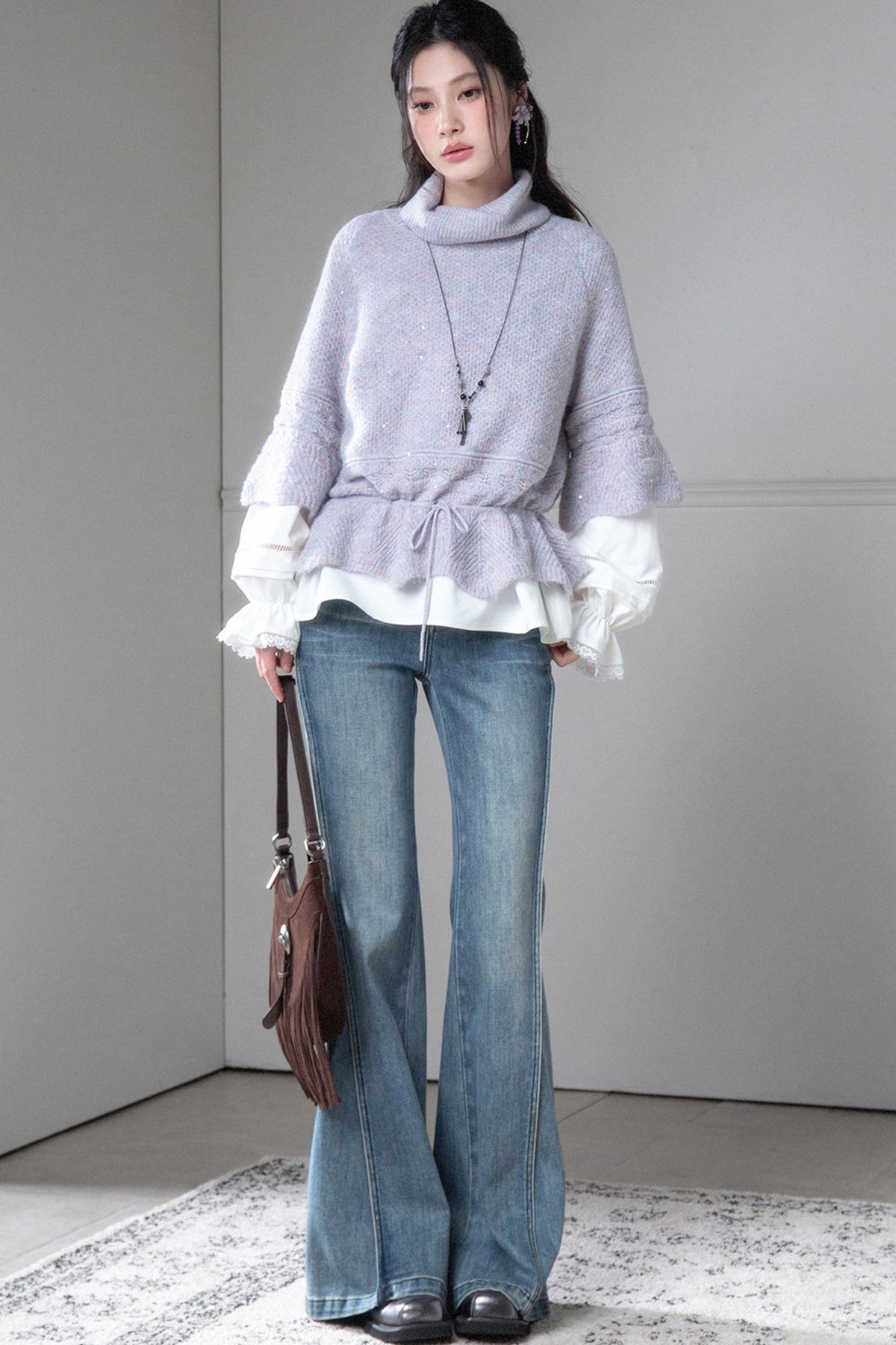 Gray-Purple Drawstring Waist Wool Sweater