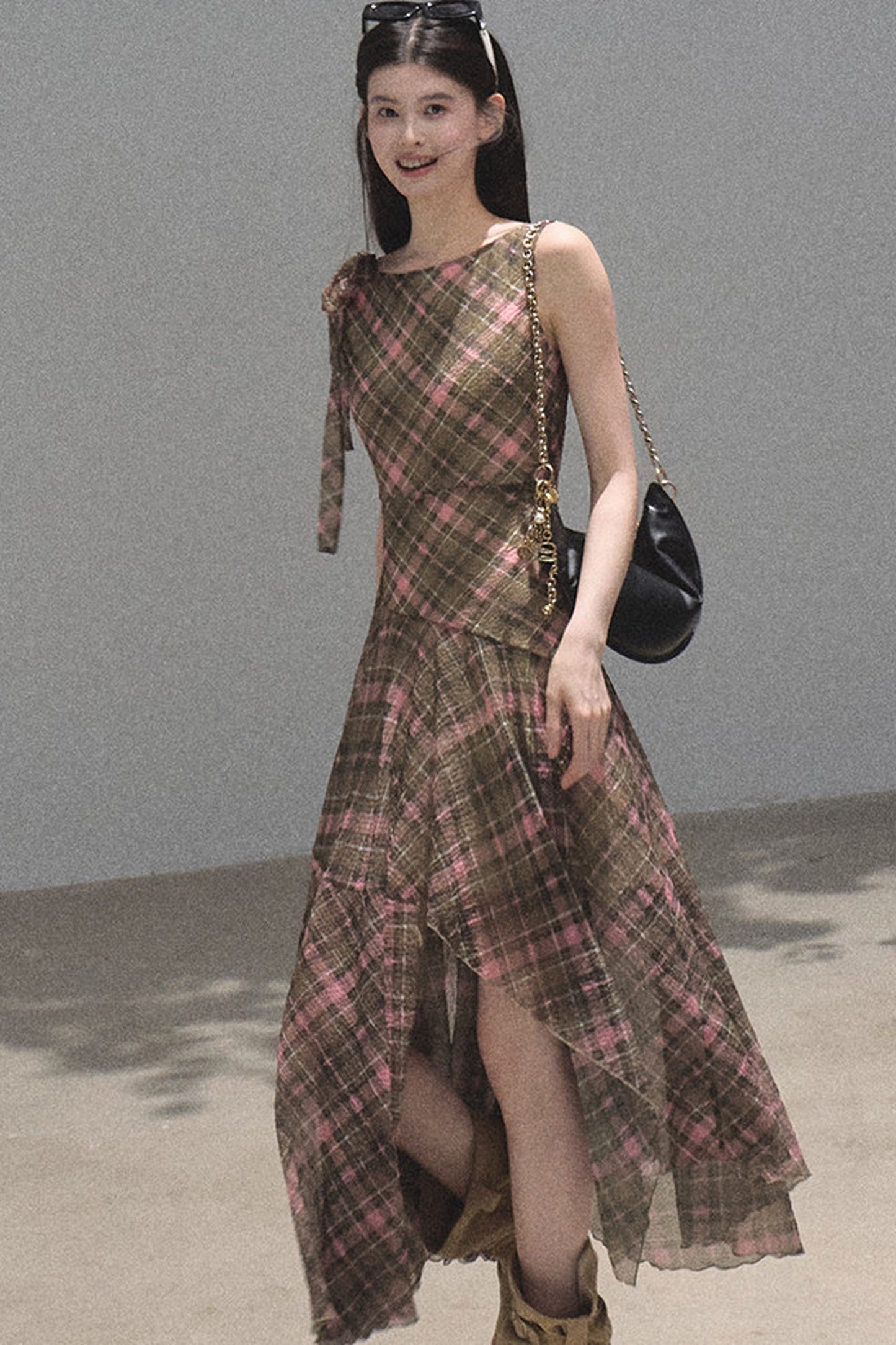 Off-Shoulder Plaid Irregular Tank Dress