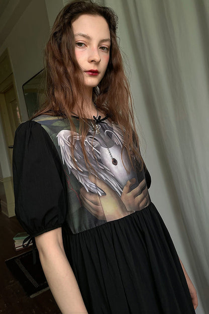 Tempera Oil Painting Print Short-Sleeved Dress