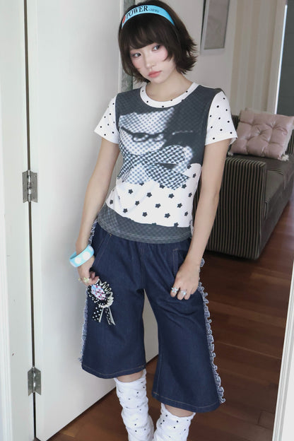 Cat Print Polka Dot T-Shirt