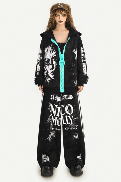 Loose Zip Hoodie Jacket and Sweatpants Set-Up
