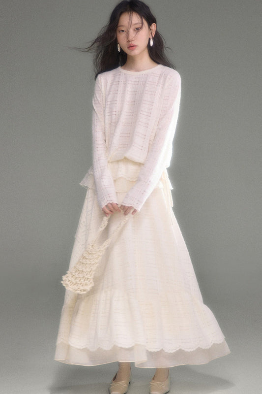 Plaid Lace Long Sleeve T-Shirt Skirt Set-Up