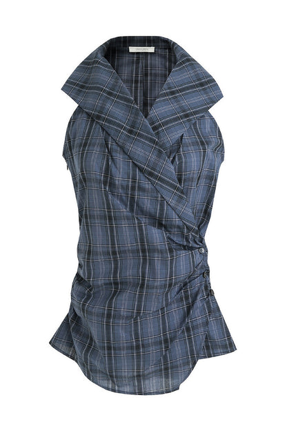 Navy Plaid Pleated Top