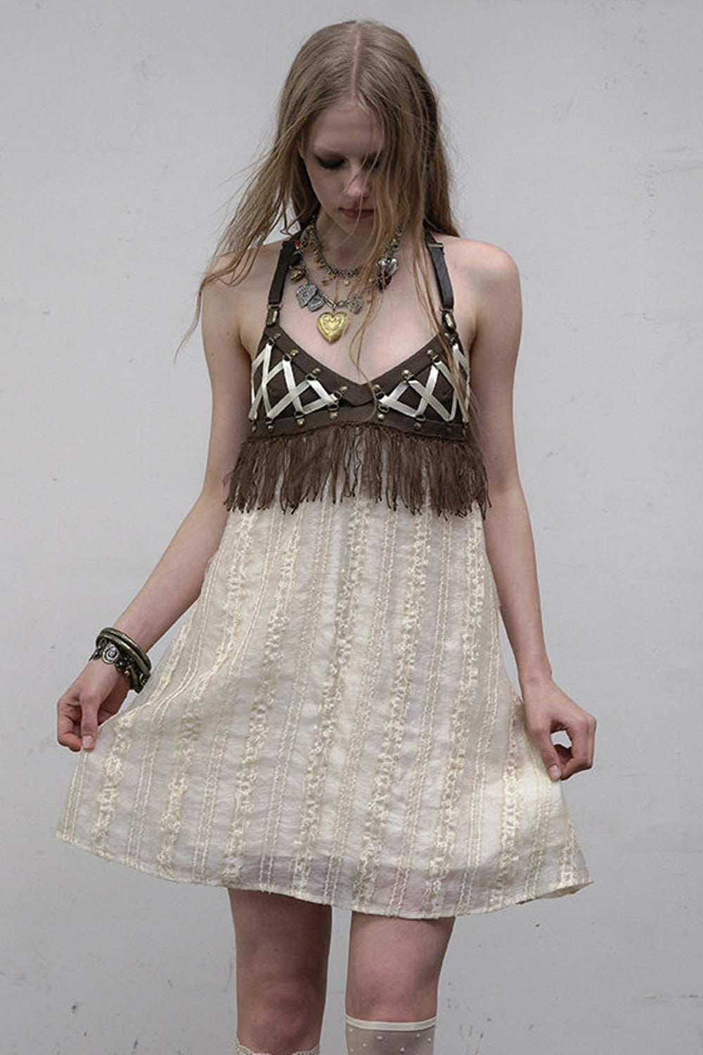 Fringe Leather Strap Camisole Dress