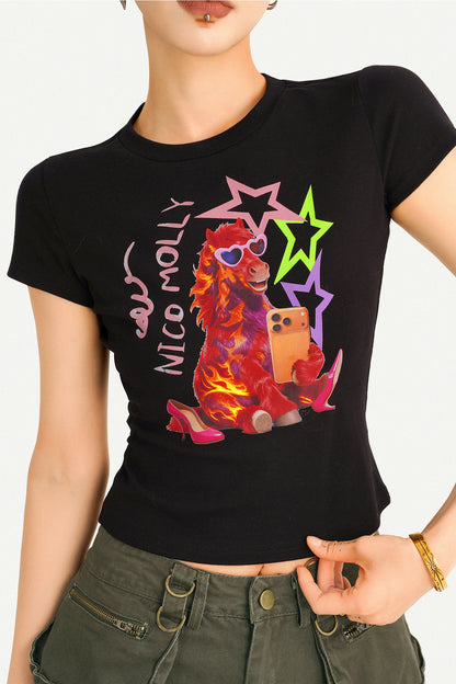 Cartoon Print Black Crop Top