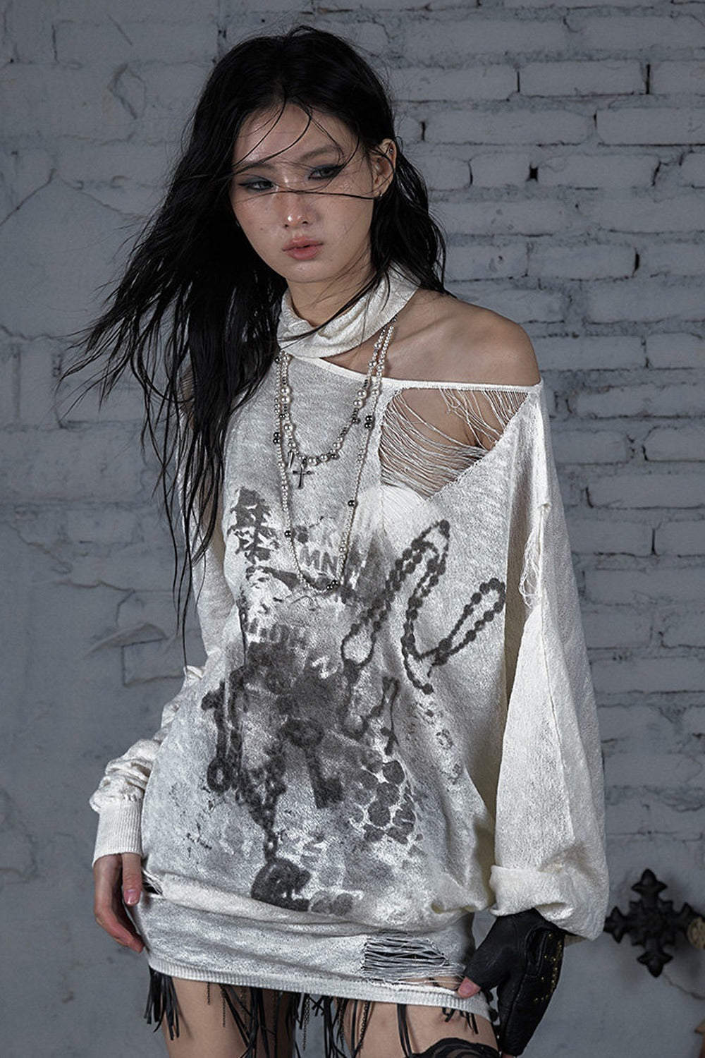 Ripped Off-Shoulder Punk Print Knit Top