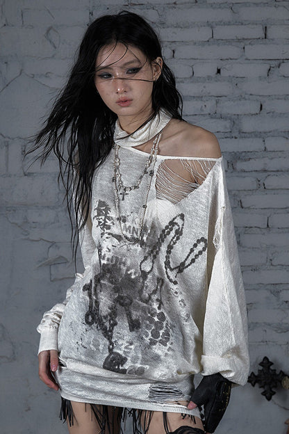 Ripped Off-Shoulder Punk Print Knit Top