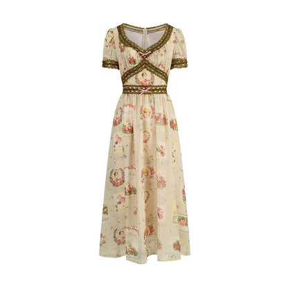 French Retro Lace Print Dress